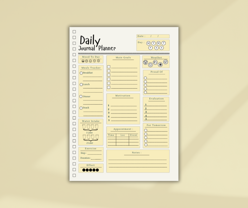 Daily Journal Planner Template | Digital Mood & Habit Tracker | Comprehensive Daily Reflection & Wellness Organizer