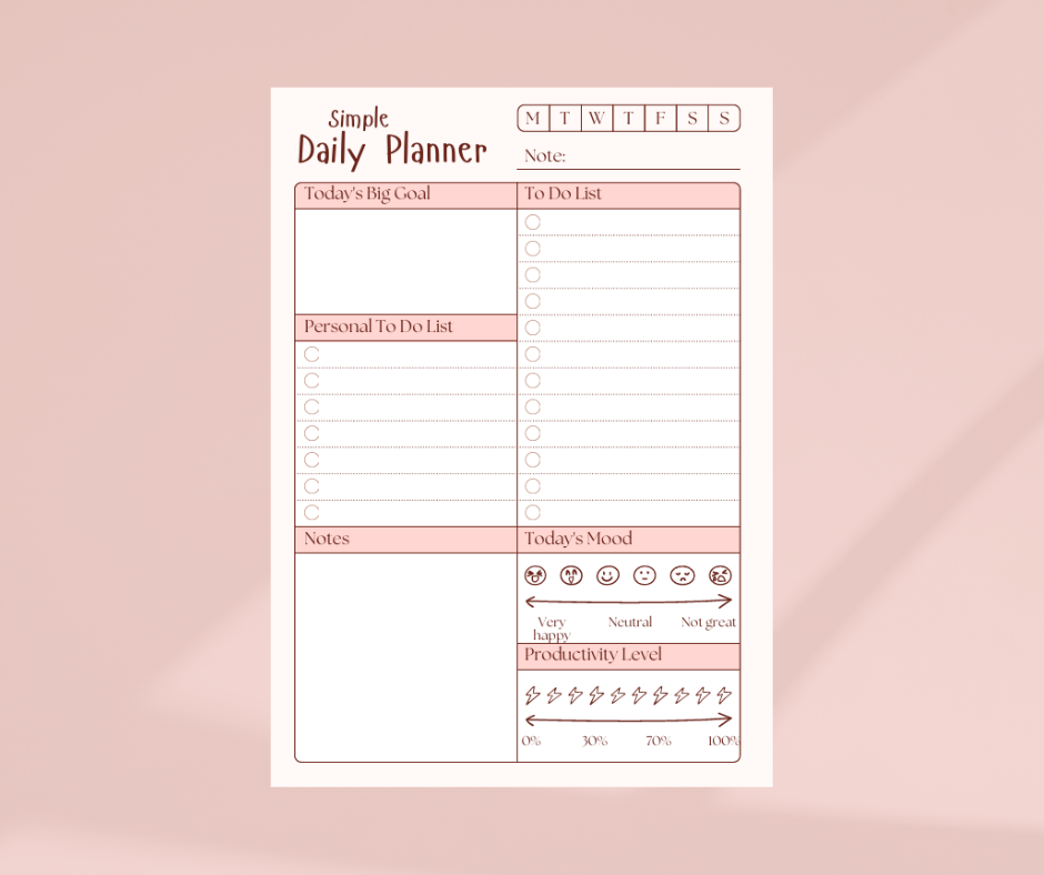 Simple Daily Planner Template | Digital Personal & Work Task Organizer | Minimalist Daily Goal Setter & Mood Tracker