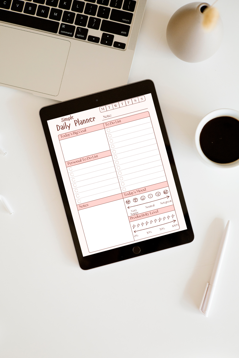 Simple Daily Planner Template | Digital Personal & Work Task Organizer | Minimalist Daily Goal Setter & Mood Tracker