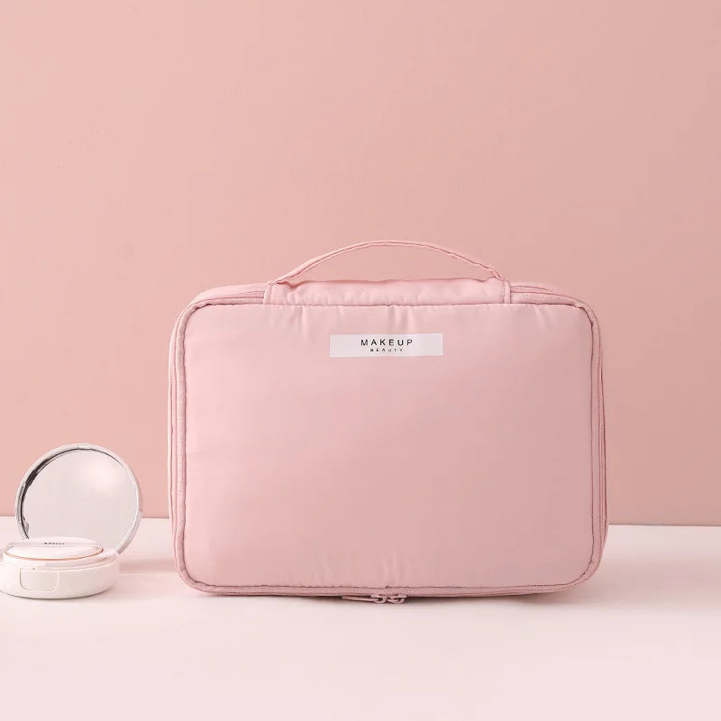 Portable Pink Nylon Waterproof Cosmetic Bag with Zipper – Travel Makeup & Toiletry Pouch (Large & Small Sizes)