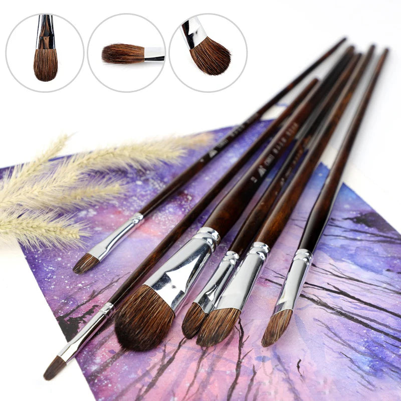 6pcs Watercolor & Acrylic Round Head Brushes – Animal Hair