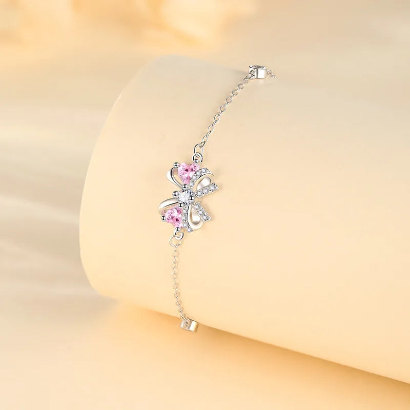 S925 Pink Zircon Bow Bracelet