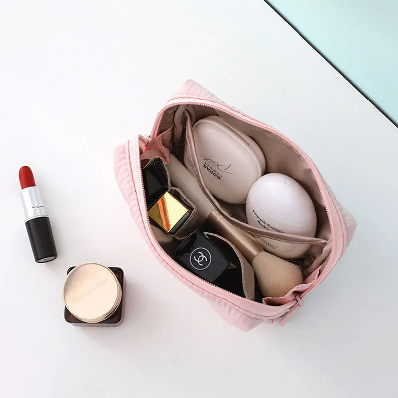 Portable Pink Nylon Waterproof Cosmetic Bag with Zipper – Travel Makeup & Toiletry Pouch (Large & Small Sizes)