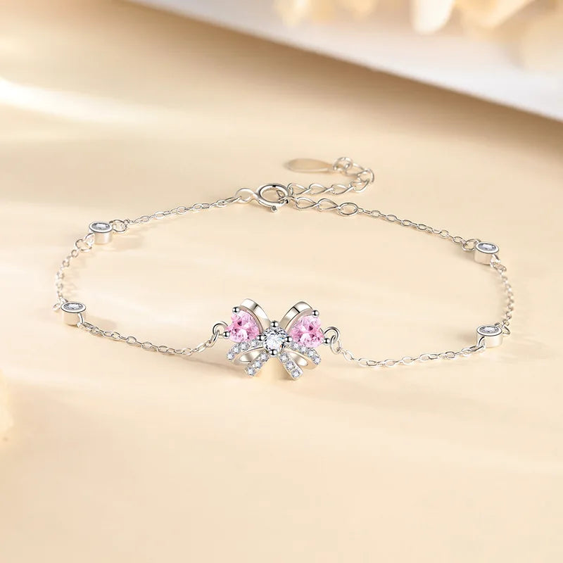S925 Pink Zircon Bow Bracelet