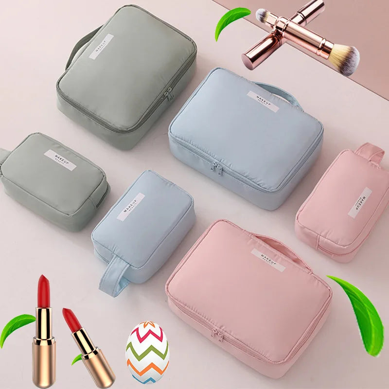 Portable Pink Nylon Waterproof Cosmetic Bag with Zipper – Travel Makeup & Toiletry Pouch (Large & Small Sizes)