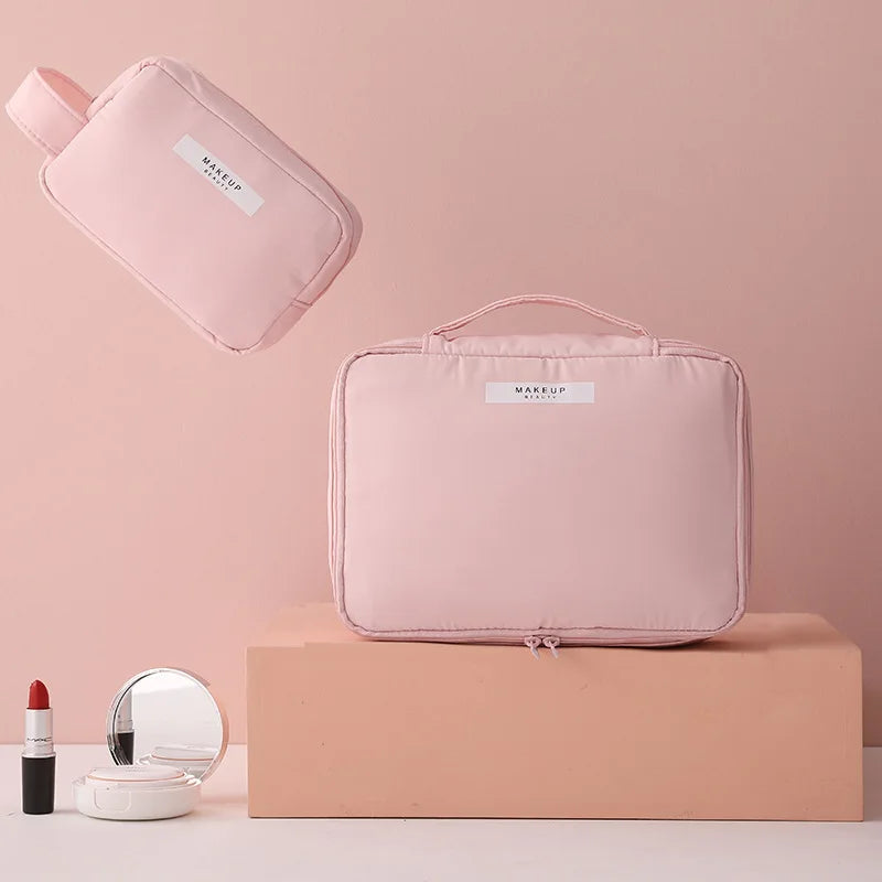 Portable Pink Nylon Waterproof Cosmetic Bag with Zipper – Travel Makeup & Toiletry Pouch (Large & Small Sizes)