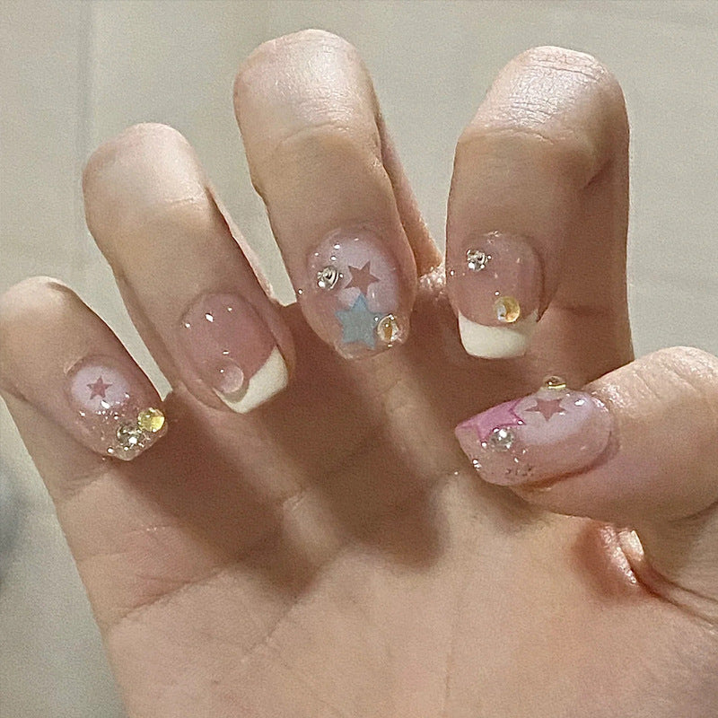 24pcs Detachable Short Press on Nails Y2k rhinestone False Nails with Glue Ballet Sweet Cool Girls Artificial False Nails Tips