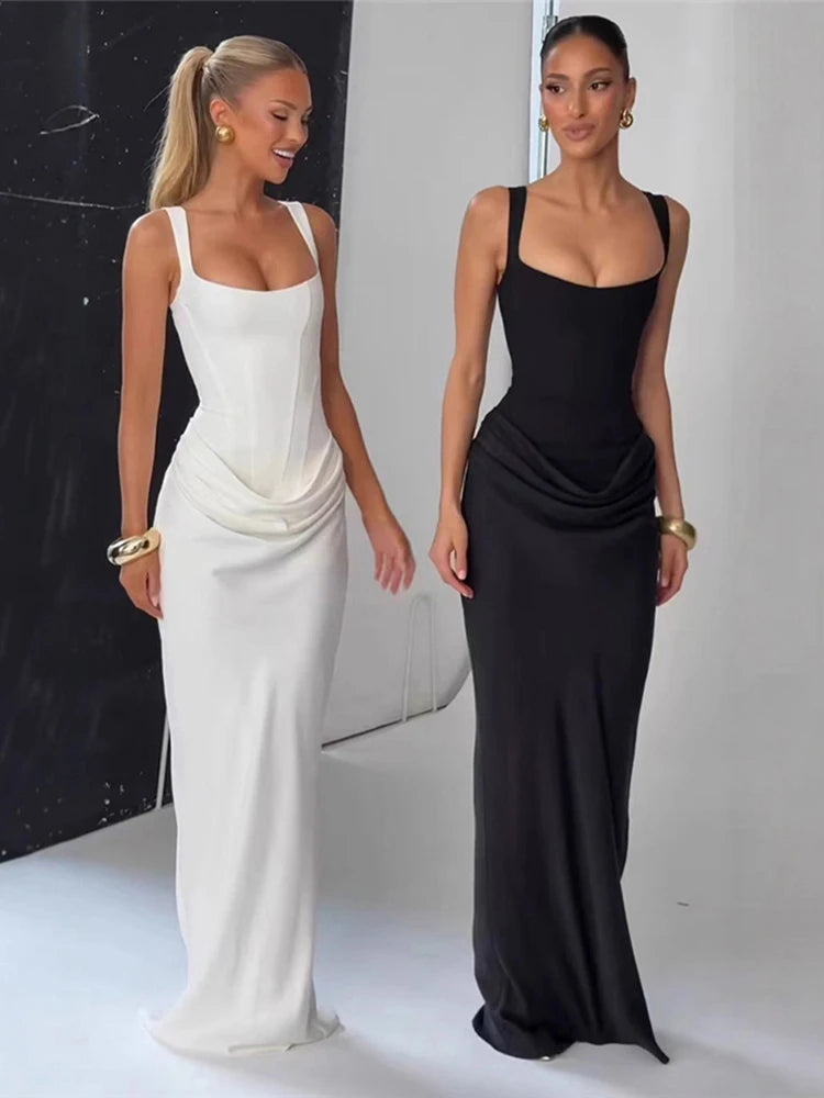 Nibber Fake Fake Decoration Maxi Dress Sleeveless Backless Low-Neck Folds Elegant Banquet Simple Classic Skinny Chic Vestidos