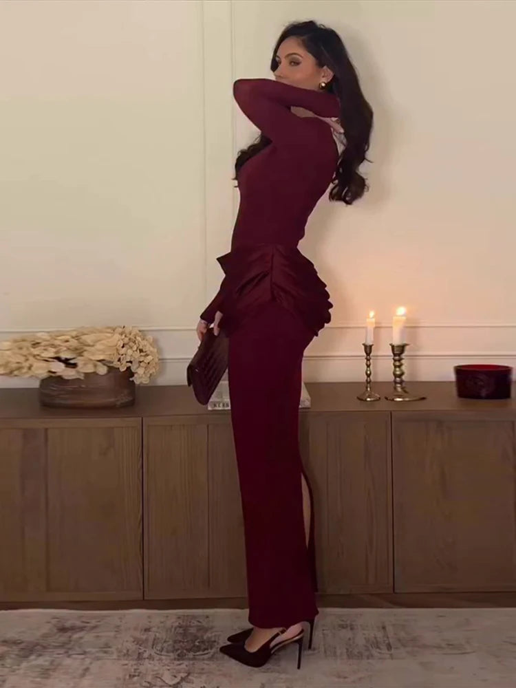 Women Burgundy Long Sleeve Maxi Dress Satin Ruched Waist Bodycon Style Robe Female Autumn Winter Dinners Parties Evening Events