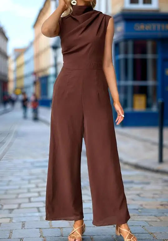 Jumpsuit Women 2026 Spring Summer New Solid Color High Collar Sleeveless Ruched Casual High Waist Wide Leg Jumpsuit