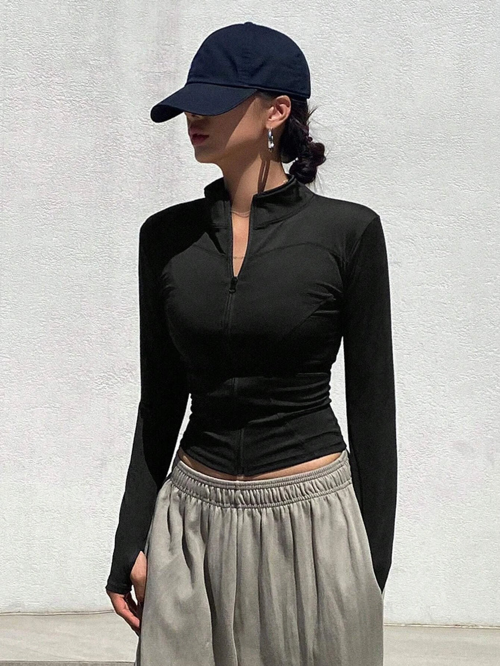Women's Sport Zipper Closure Slim Fit Crop Jacket Solid Color Stand-up Collar Long Sleeve Yoga Clothes Spring/Autumn Streetwear