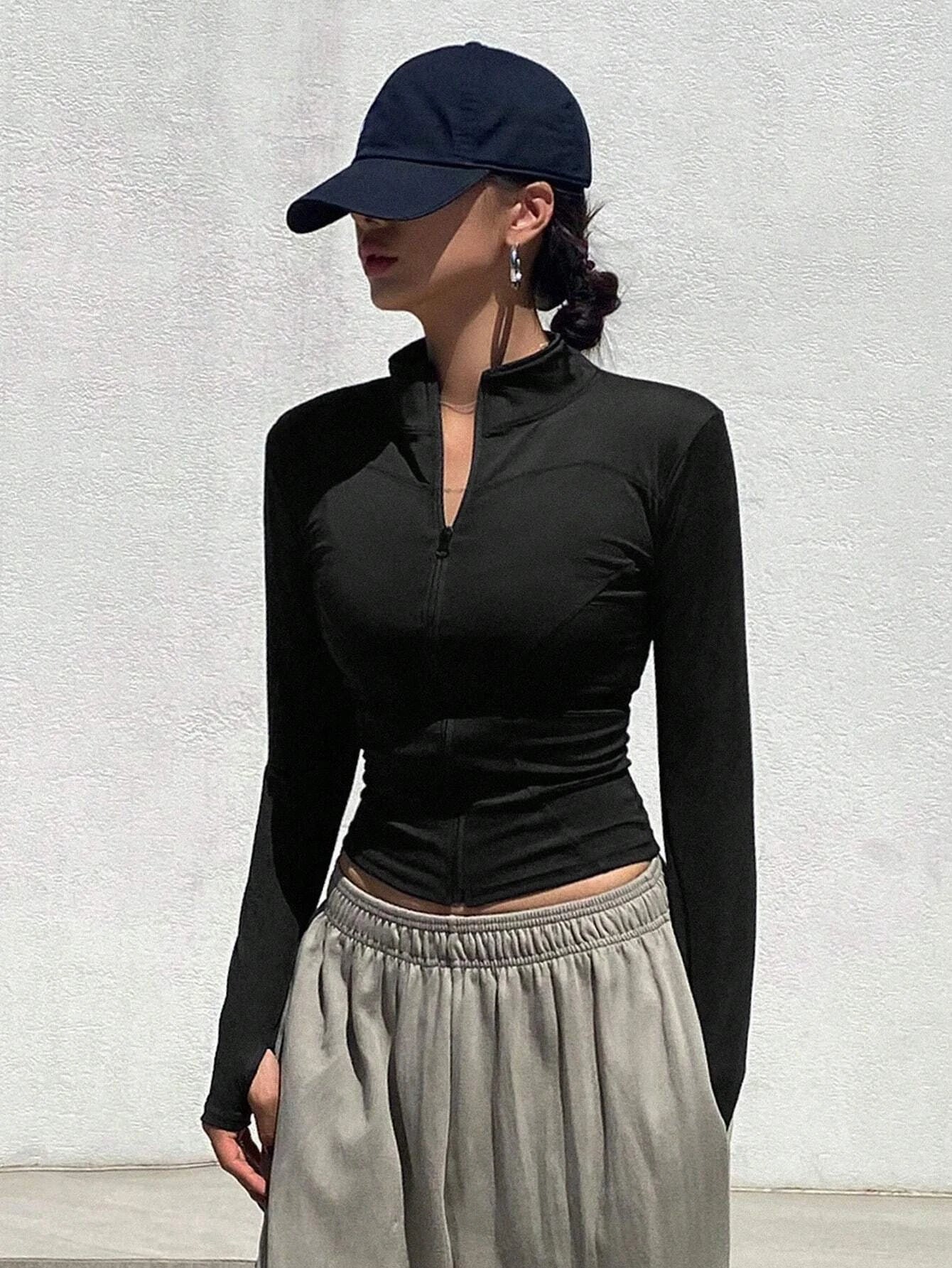 Women's Sport Zipper Closure Slim Fit Crop Jacket Solid Color Stand-up Collar Long Sleeve Yoga Clothes Spring/Autumn Streetwear