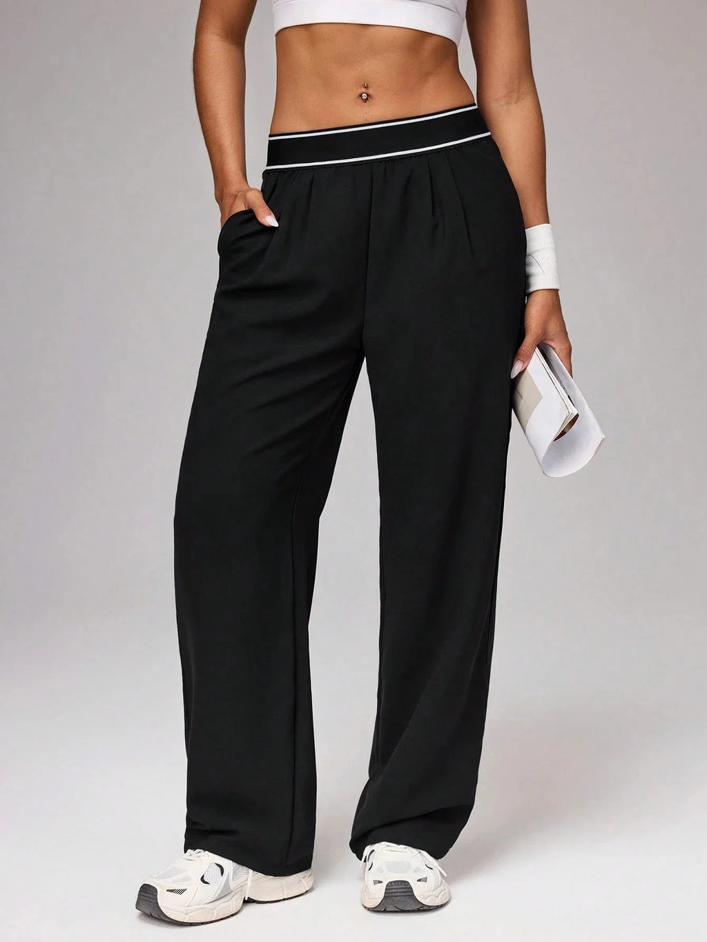 Women's High Waist Wide Leg Pants, Striped Waistband Loose Fit Casual Trousers, Lightweight Breathable Workout Joggers