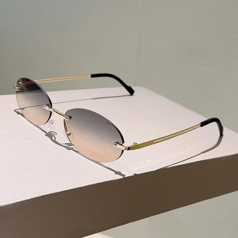Rimless Oval Sunglasses Women Fashion Gradient Decor Shades Eyewear New Trendy Vintage Brand Design Casual Eyeglasses