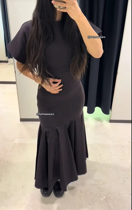 Elegant Patchwork Maxi Dress Women Solid Round Neck Short Sleeve Slim Fit Gowns Lady 2026 New Basic Evening Casual Summer Robes