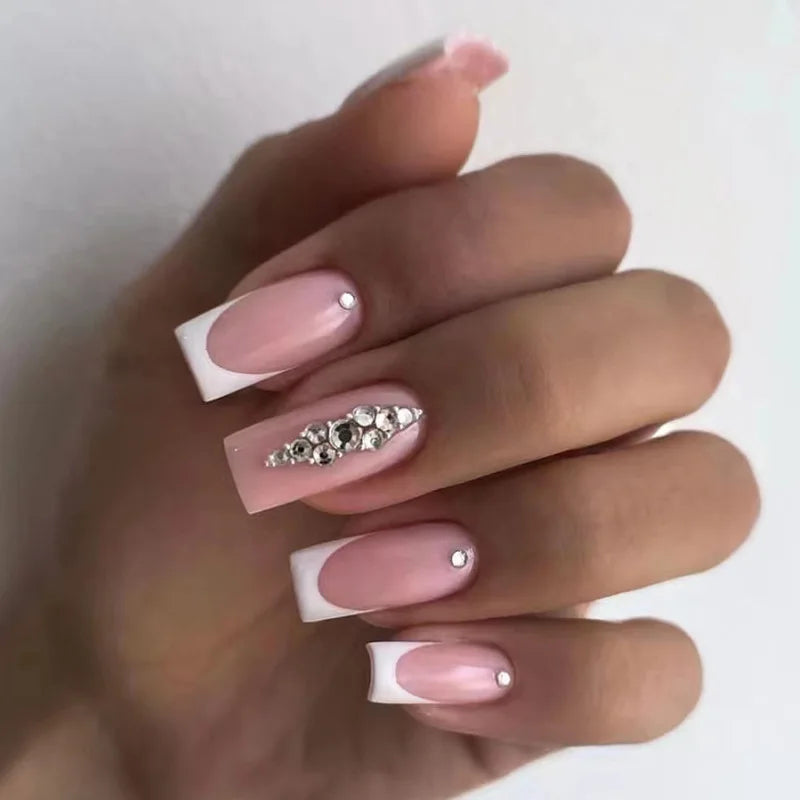 24Pcs French Tip Handmade Press On Nails Minimalist Solid Color Fake Nails Medium Square Full Cover Press On Nail Tips With Glue