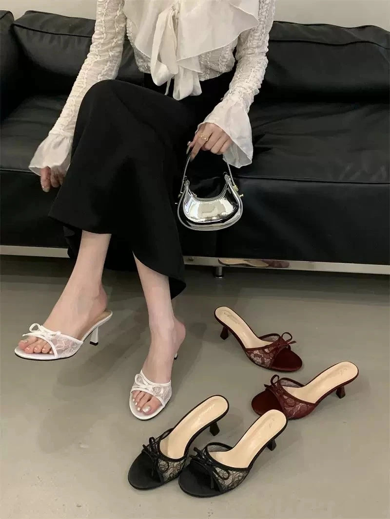 Sexy Style Bow Flat Sandals for Women 2026 Summer New Thin High Heel Open Toe Elegant Versatile Slippers