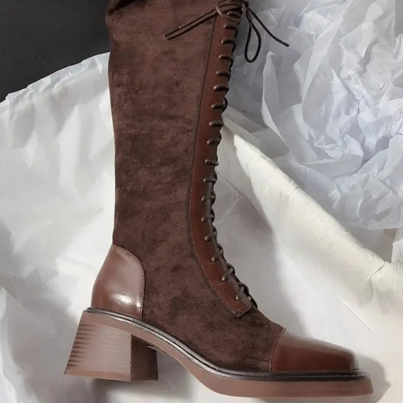 Women's Knee-high Boots High Quality Suede Leather Boot Lace Up Slim Long Tube Boots Knee-high Chelsea Boot Women Fashion Boots