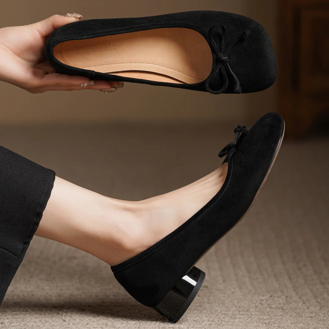 Women's natural suede leather square toe slip-on flats 3cm round low heel sweet bowtie casual female four season shoes for woman