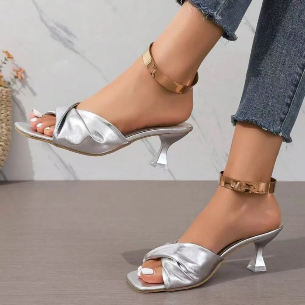Fashion Summer Women Shoes New Handmade Square Open Toe High Heels Outdoor Fashion Slippers Wedding Party Fashion Party shoes