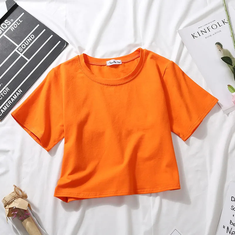 2023 Summer Short Sleeve T Shirts Women Cotton Solid T-shirt O Neck High Waist Crop Top Tee Female Casual Loose T Shirt