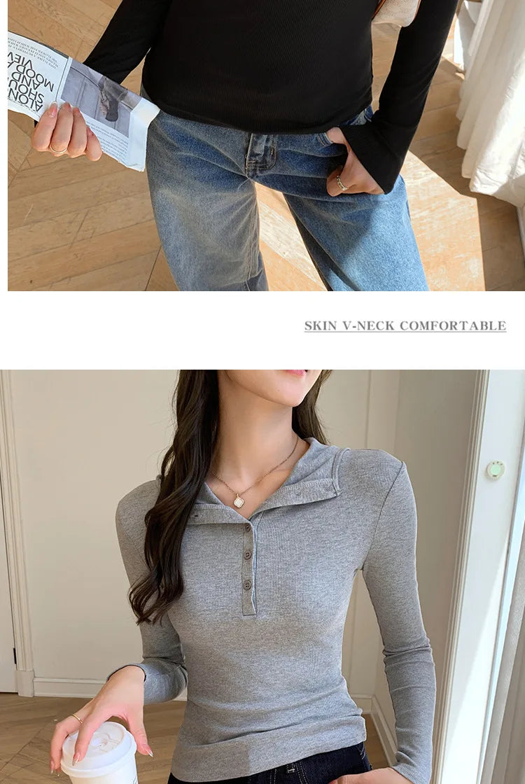 Half-buttoned Hooded Sweatshirt for Women Autumn Winter Striped Inner Layering Shirt Slim Long-sleeved Top T-shirt