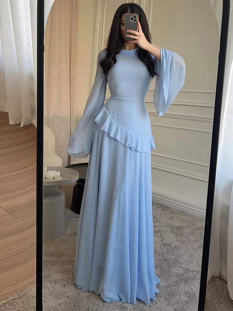 Fashion Flare Sleeve Ruff Long Dress Women Solid O-neck High Waist Slim Pleated Maxi Dresses 2025 Lady Summer Chic Party Robes