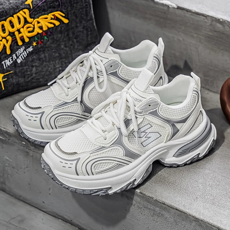 Trendy Unisex Chunky Dad Sneakers | Silver Black Retro Couple Shoes | Breathable Mesh Casual Platform Shoes