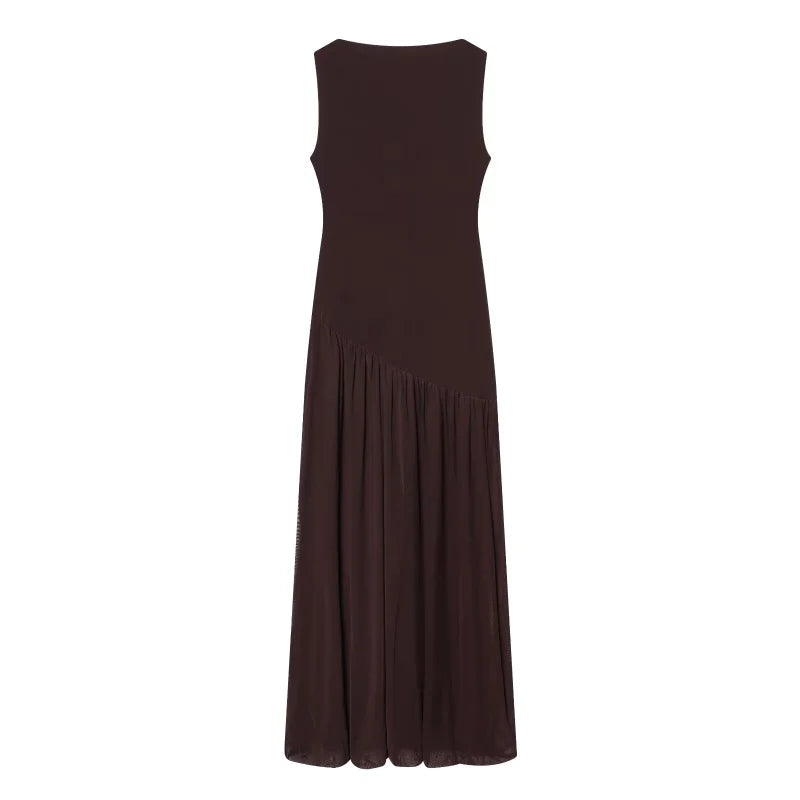 ETJ Women Brown Sleeveless High Neck Midi Dress Pleated Skirt Flowy Wrap Dress Minimalist Elegant Office Party Wear 2026