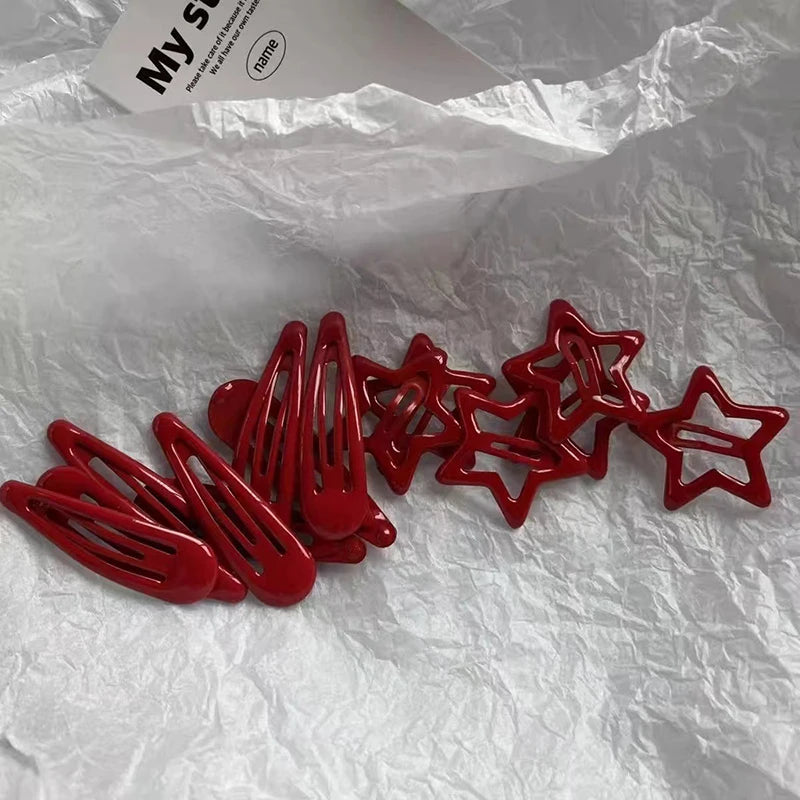 10Pcs/set Red Star Snap Clip for Girl Waterdrop Barrettes Black Hairpin Women Hair Clip Accessories Kawaii BB Clip New Sweet