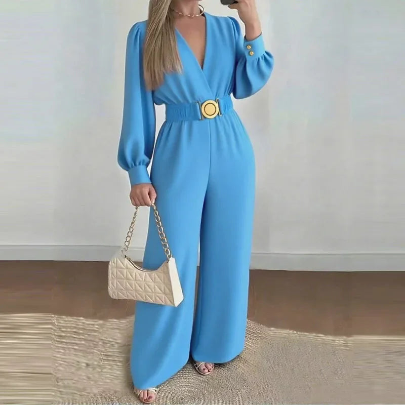 V Neck Solid Long Jumpsuits Fashion Commuting Belt Lace-Up Puff Sleeves Wide Legger Romper Casual Long Sleeve Women's Playsuit