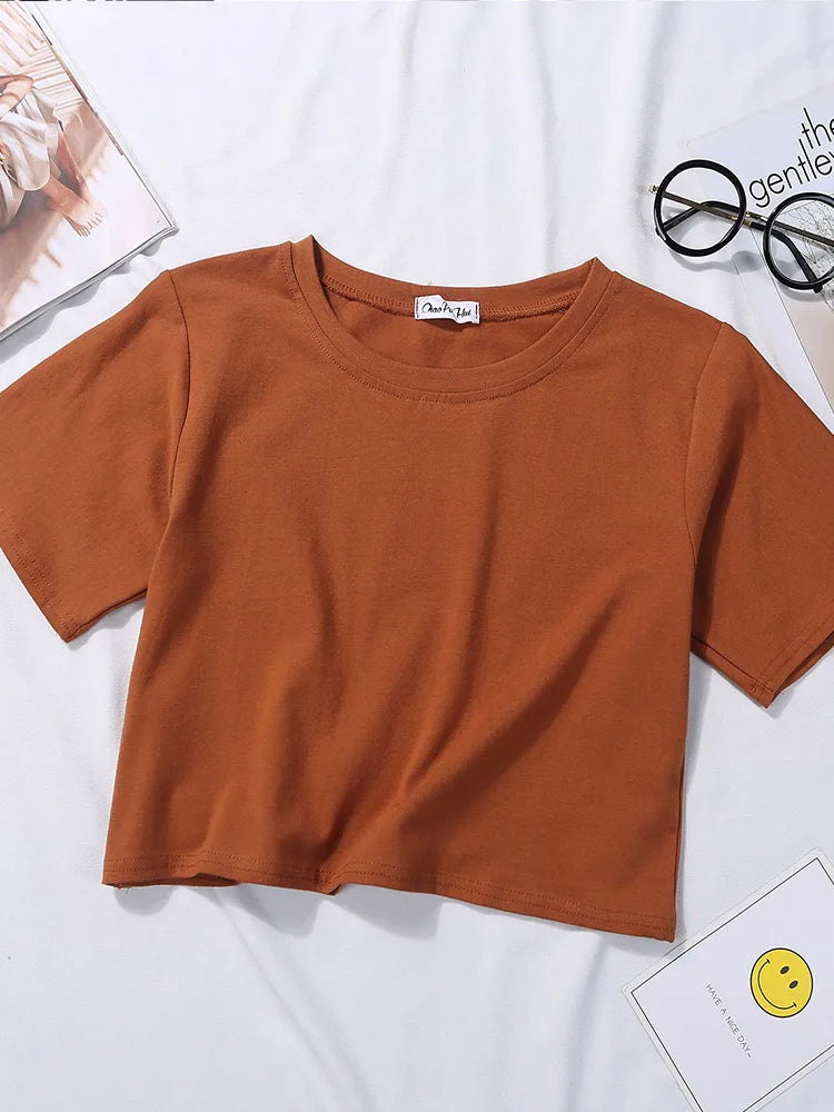 2023 Summer Short Sleeve T Shirts Women Cotton Solid T-shirt O Neck High Waist Crop Top Tee Female Casual Loose T Shirt