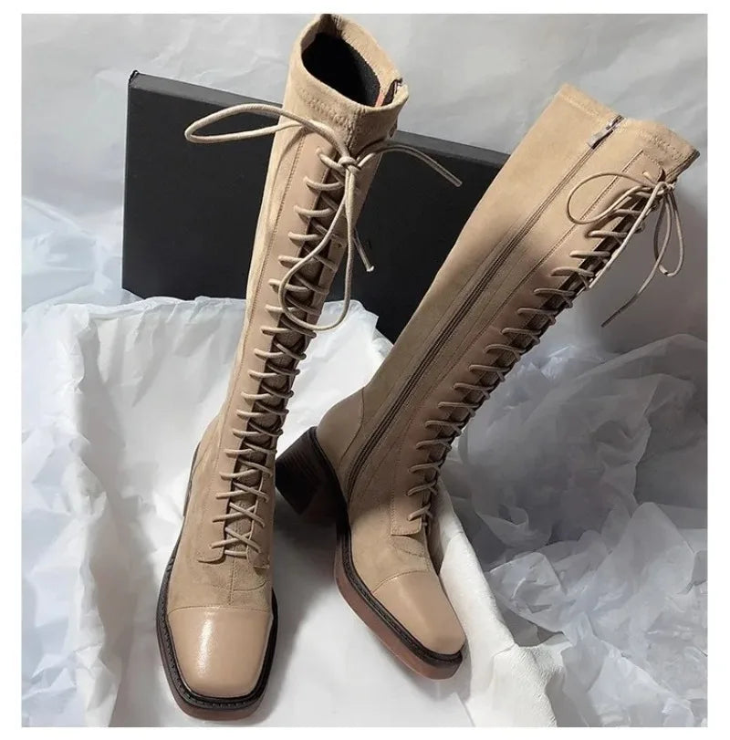 Women's Knee-high Boots High Quality Suede Leather Boot Lace Up Slim Long Tube Boots Knee-high Chelsea Boot Women Fashion Boots
