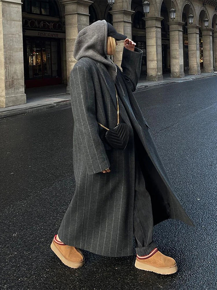 Vintage Women's Striped Woolen Overcoat Long Sleeve Fashion Lapel Oversized Coat 2025 Autumn Winter Commute Jacket for Ladies