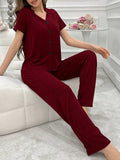 Women Summer Pajamas Set Short Sleeve V-neck Solid Rib T-shirt with Pants Loose Sleepwear Homewear Female Casual Loungewear