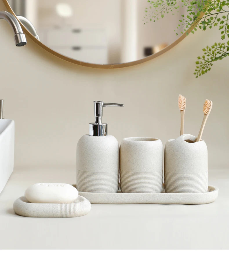 5pcs Bathroom Accessories Set – Beige & Grey