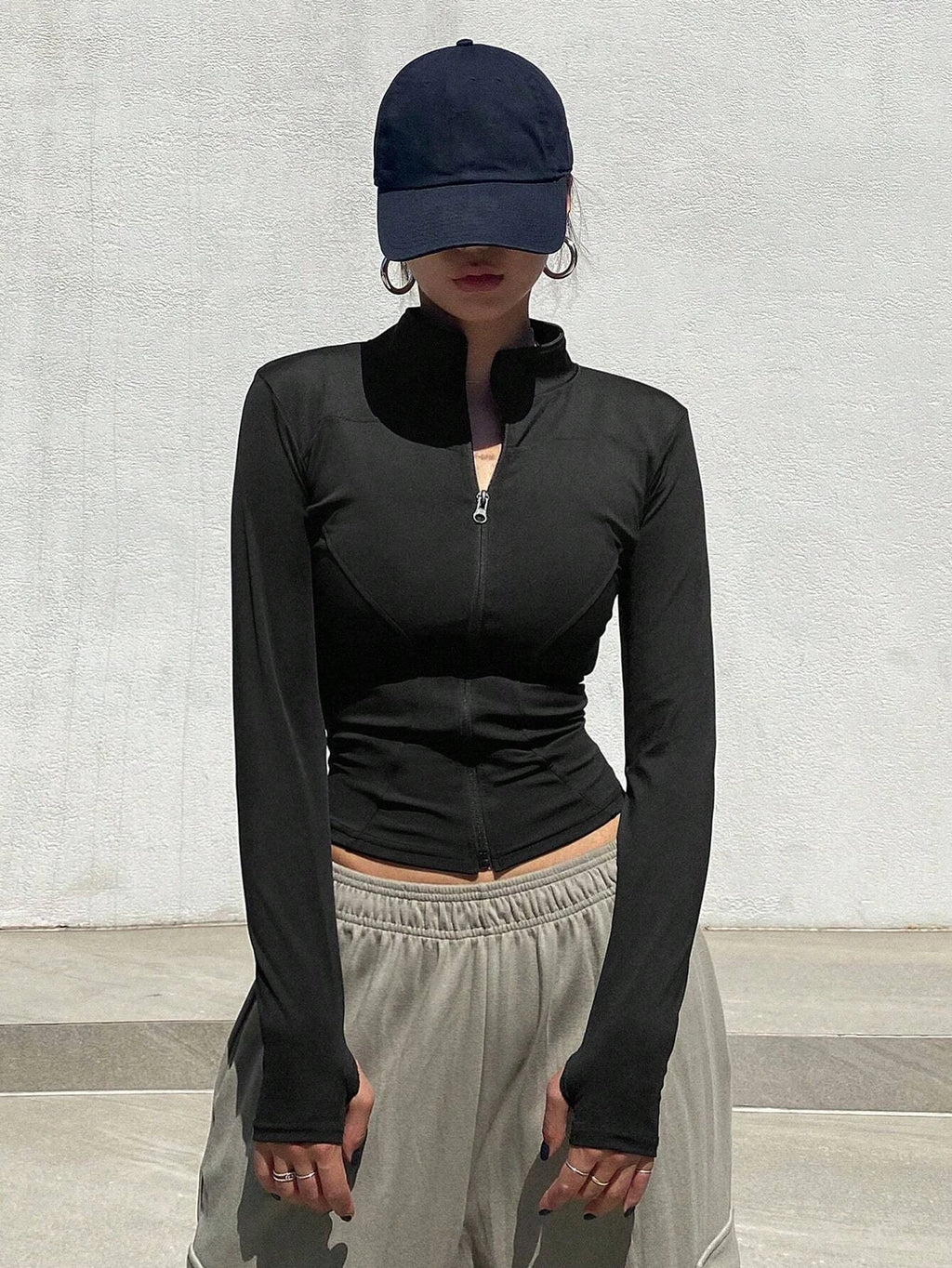 Women's Sport Zipper Closure Slim Fit Crop Jacket Solid Color Stand-up Collar Long Sleeve Yoga Clothes Spring/Autumn Streetwear