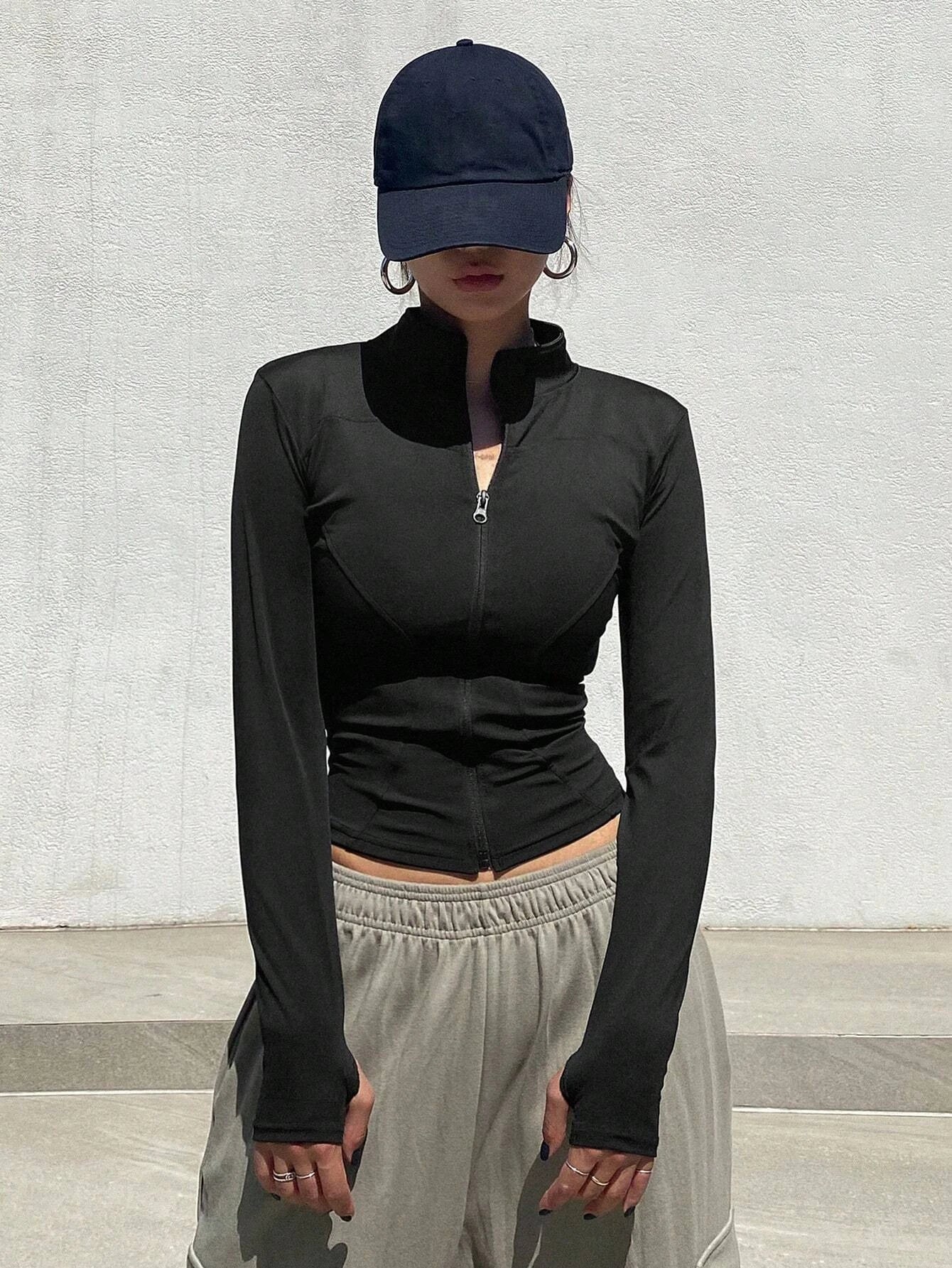Women's Sport Zipper Closure Slim Fit Crop Jacket Solid Color Stand-up Collar Long Sleeve Yoga Clothes Spring/Autumn Streetwear