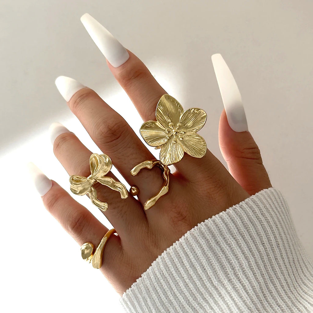 Tocona 2024 New Trendy Geometric Gold Silver Colour Set Rings for Women Adjustable Finger Ring Party Wedding Jewelry Accessories