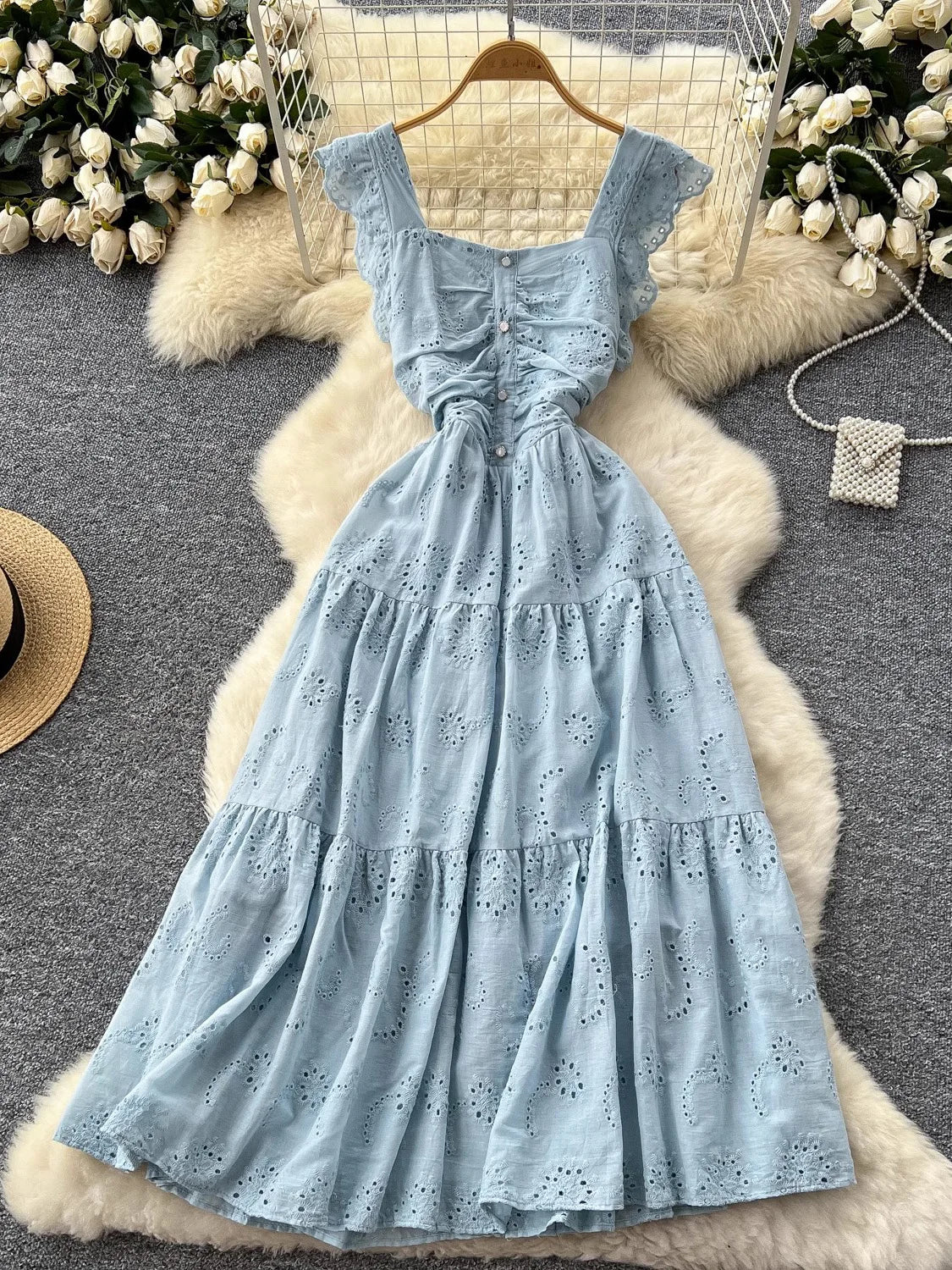 2025 Vintage Summer Elegant Square Neck Dress Lace Embroidered Cinched Waist Vestidos for Women Elegant Party Dress New Fashion