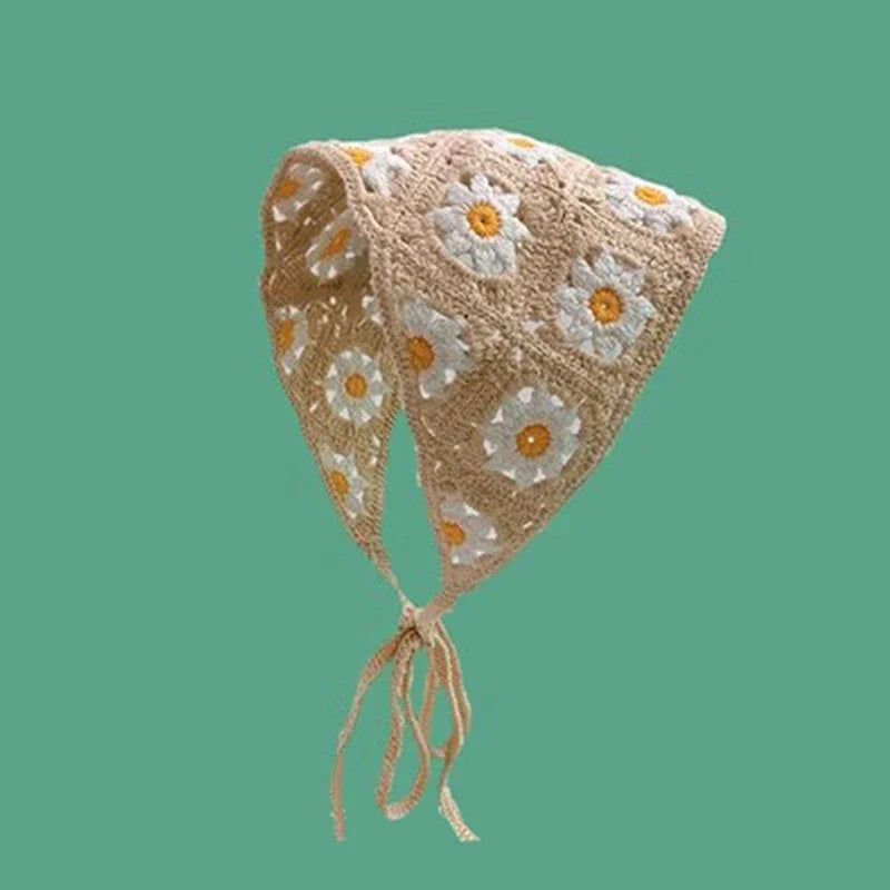 Korean Sweet Cute Handmade Crochet Hollow Triangle Headband Towel Women Spring and Summer Travel Literary Photo Hair Scarf