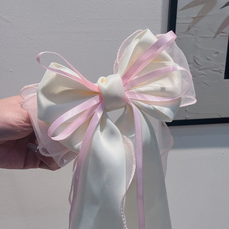 Women Elegant Lace Bow Ribbon Hair Clips Solid Color Satin Заколка Бант Girls Korean Hairpins Party Headdress Hair Accessories
