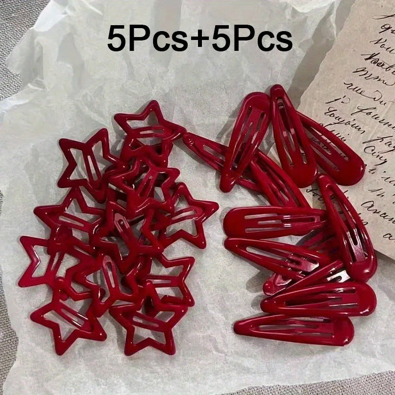 10Pcs/set Red Star Snap Clip for Girl Waterdrop Barrettes Black Hairpin Women Hair Clip Accessories Kawaii BB Clip New Sweet