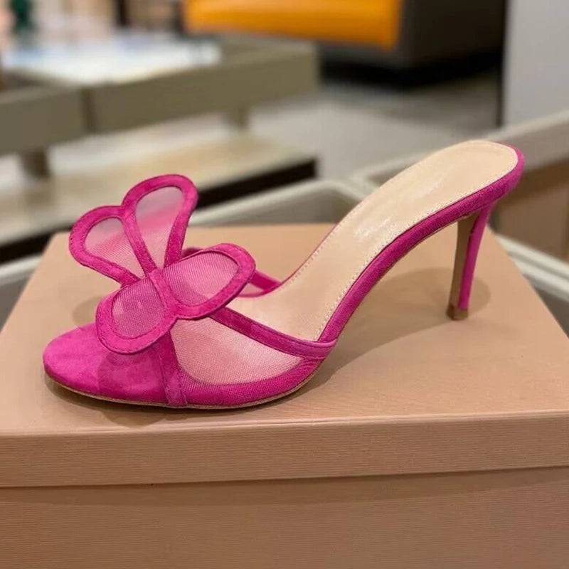 2025 New High Heels Slippers Women Mesh Big Butterfly-knot Thin Heels Lazy Sandals Summer Slides Fashion Party Dress Shoes