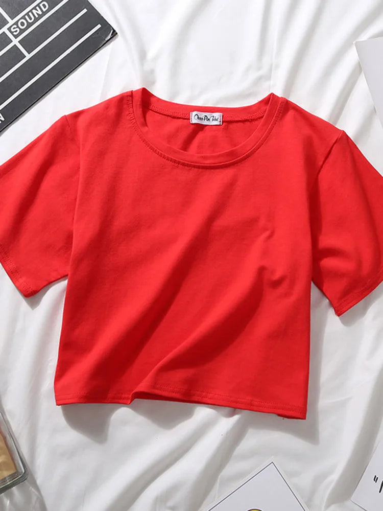 2023 Summer Short Sleeve T Shirts Women Cotton Solid T-shirt O Neck High Waist Crop Top Tee Female Casual Loose T Shirt
