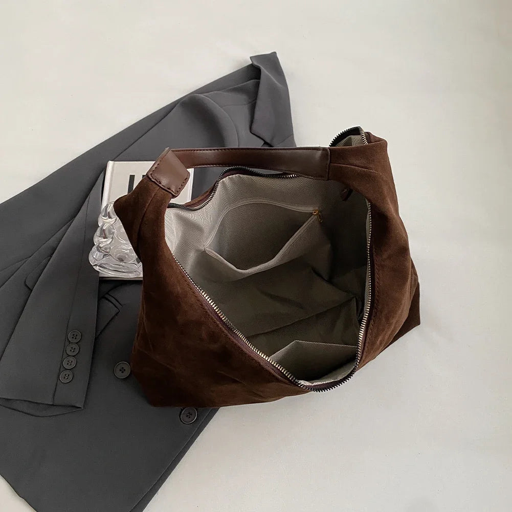 Women’s Suede Zipper Shoulder Hobo Bag – Large Capacity Slouchy Handbag for Travel & Commuting