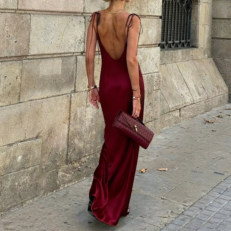 Original Women's Satin Elegant Maxi Dress Sleeveless Sexy Lace-Up Backless Champagne Evening Dress Bridesmaid Long Evening Gown