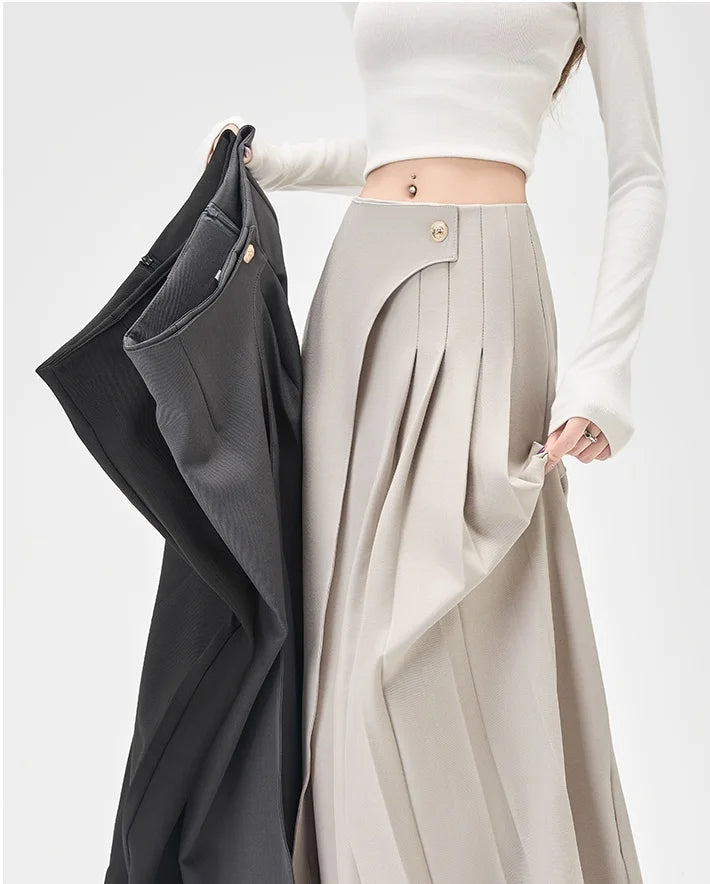 SMTHMA Women's High-Waisted Slimming Solid A- Line Skirt New Fashionable Big Umbrella Skirt Autumn/Winter Season Long Skirt