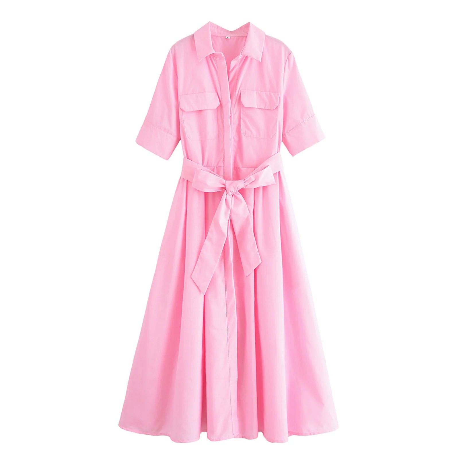HH Woman Dresses Solid Turn-Down Collar Short Sleeve Pockets Bow Lace-Up Single-Breasted Female Fashion Long Dress 7 Color