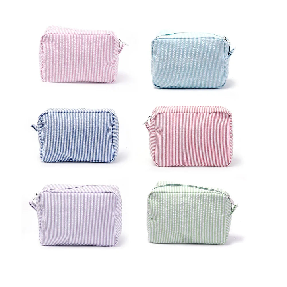 Seersucker Ruffle Cosmetic Bag – Pink/Purple Stripes